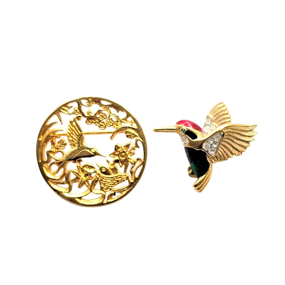 Lot 2 Hummingbird Pins Gold Tone Rhinestone Nature Bird Jewelry